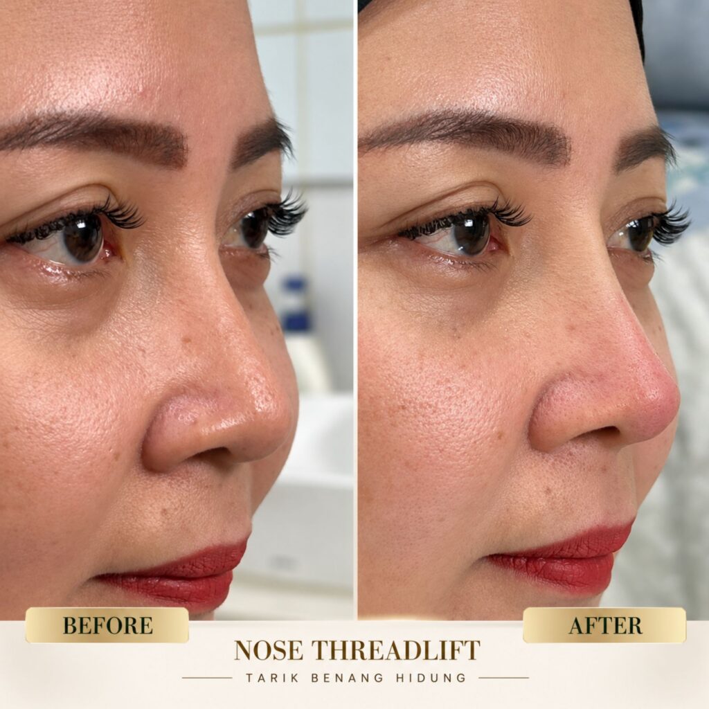 Before after tarik benang wajah untuk memperindah dan menyelaraskan proporsi fitur alami wajah di Thea Skin Clinic Lampung