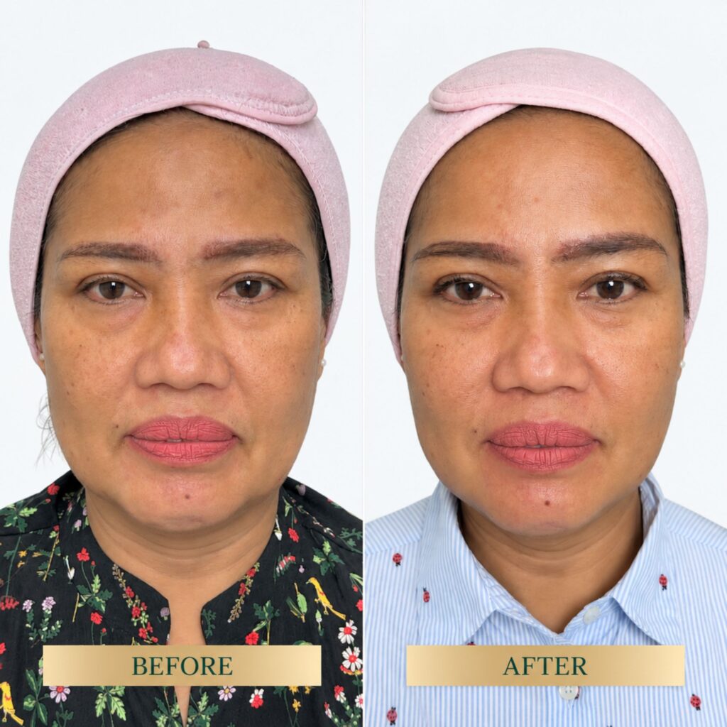 Before after tarik benang wajah untuk hasil pengencangan kulit yang tampak natural dan selaras dengan karakter wajah asli pasien
